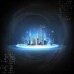 Imagem conceitual com fundo azul escuro e no meio alguns prédios no estilo low-poly, com ícones de internet/web. Alguns textos com efeitos, escrito: saiba mais, clique aqui, compre agora, inscreva-se, acesse, baixe agora, participe, download e ux design