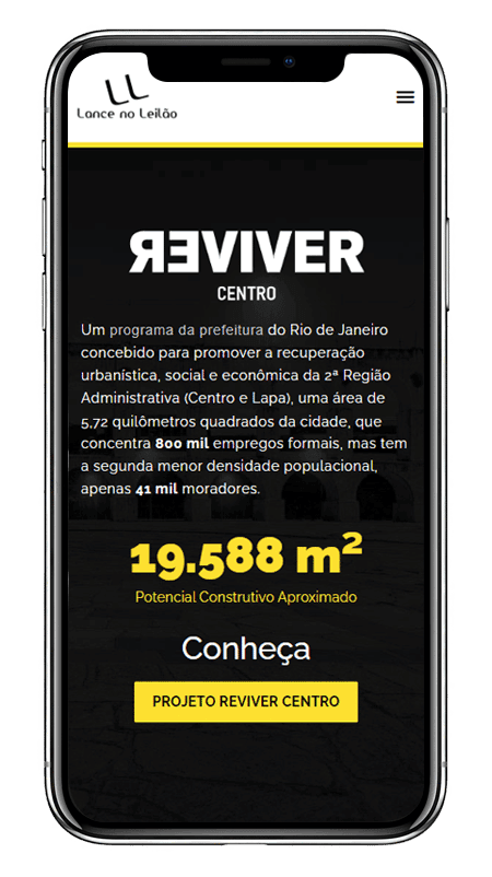 Smartphone exibindo parte da landing page de venda do Edifício Sedan no Rio de Janeiro, especificamente a parte que mostra o potencial construtivo para aproveitar o programa Reviver Centro, da prefeitura do Rio de Janeiro