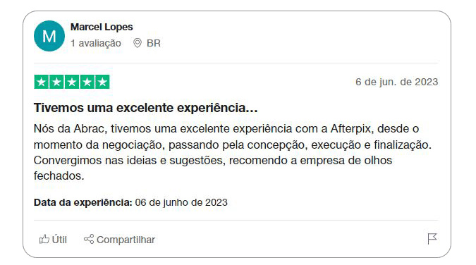 depoimento de cliente: Nós da ABRAC tivemos uma excelente experiência com a Afterpix, desde o momento da negociação, passando pela concepção, execução e finalização. Convergimos nas ideias e sugestões, recomendo a empresa de olhos fechados.