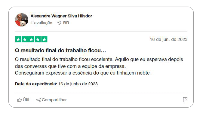 depoimento de cliente: O resultado do trabalho ficou excelente. Aquilo que eu esperava depois das conversas que tive com a equipe da empresa. Conseguiram expressar a essência do que eu tinha em mente.