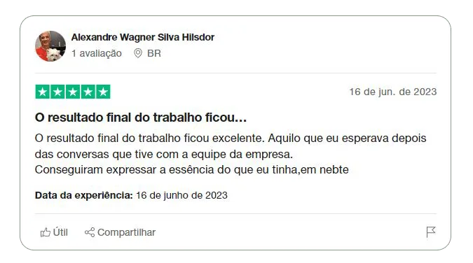 depoimento de cliente: O resultado do trabalho ficou excelente. Aquilo que eu esperava depois das conversas que tive com a equipe da empresa. Conseguiram expressar a essência do que eu tinha em mente.