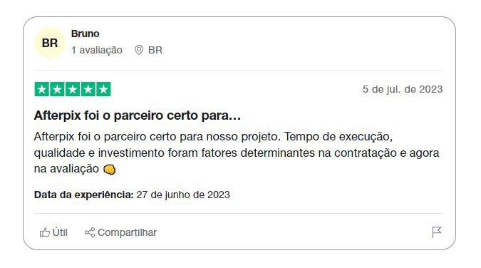 depoimento de cliente: Afterpix foi o parceiro certo para nosso projeto. Tempo de execução, qualidade e investimetno foram fatores determinantes na contratação e agora na avaliação.