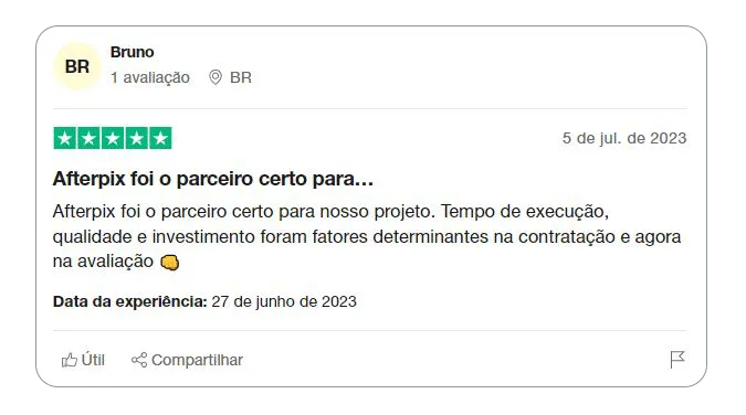 depoimento de cliente: Afterpix foi o parceiro certo para nosso projeto. Tempo de execução, qualidade e investimetno foram fatores determinantes na contratação e agora na avaliação.